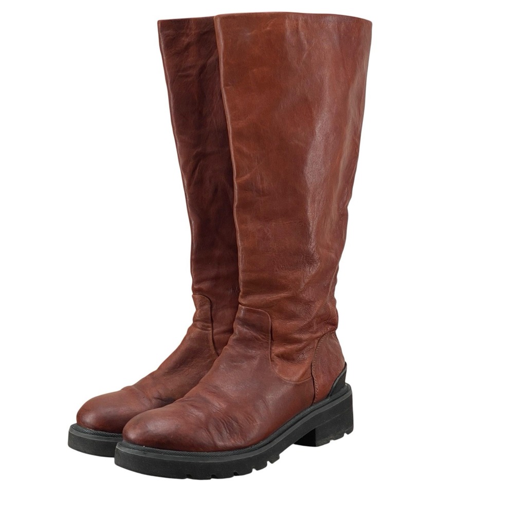 FRYE Allison Tall Combat Boots 8.5M Cognac Brown Leather Lug Sole Zip